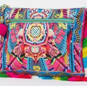 NEW Camilla MS MOCHILLA SMALL CANVAS CLUTCH Pompom Tassel Pink Blue Crystals Bag